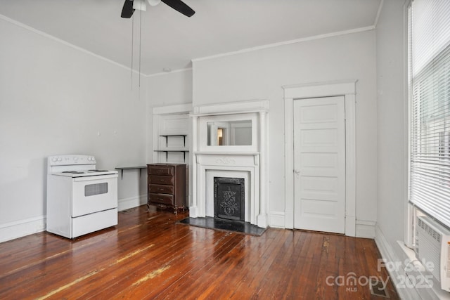 unfurnished living room featuring ceiling fan, ornamental molding, and dark hardwood / wood-style flooring