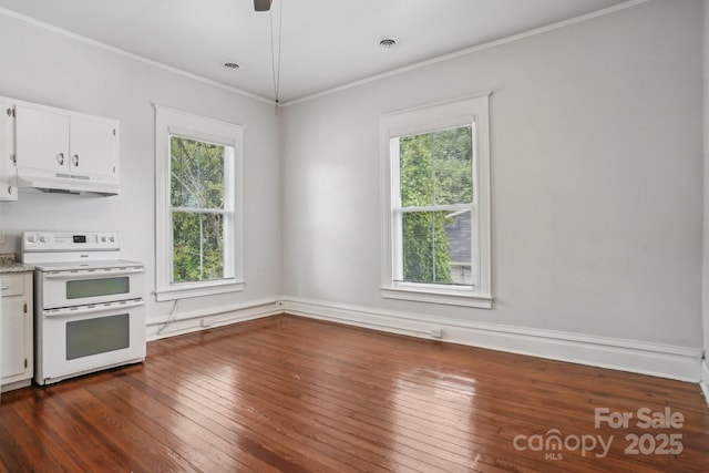 kitchen featuring white cabinetry, double oven range, dark wood-type flooring, and crown molding