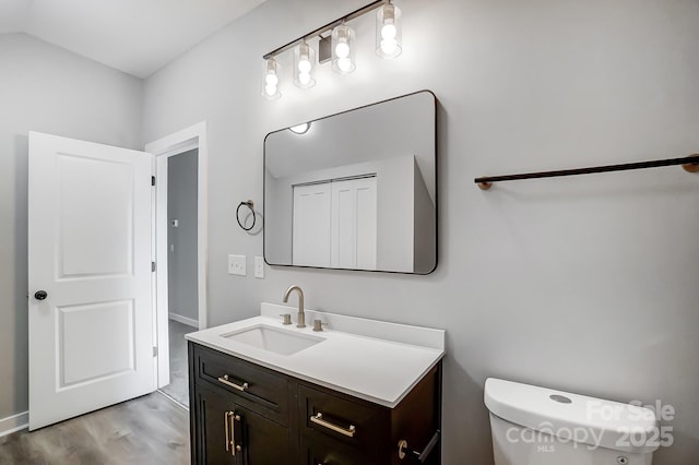 bathroom with vanity, hardwood / wood-style floors, and toilet