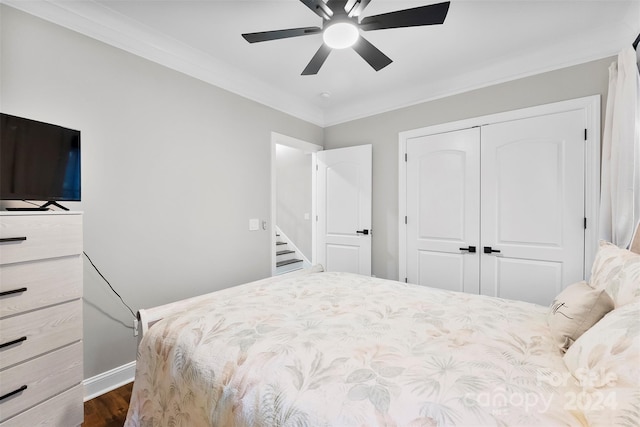 bedroom featuring dark hardwood / wood-style floors, a closet, ornamental molding, and ceiling fan