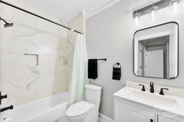 full bathroom featuring vanity, toilet, crown molding, and shower / tub combo with curtain