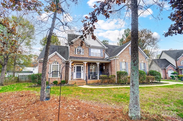 view of front of house with a front yard and covered porch