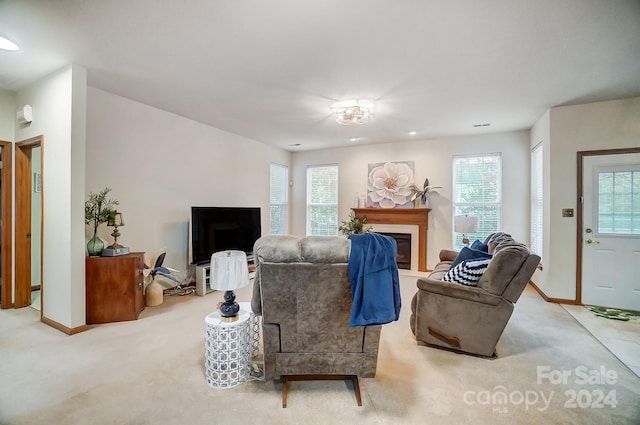 living room featuring light colored carpet