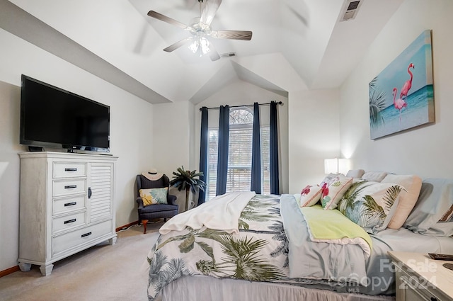 bedroom featuring ceiling fan, light colored carpet, and vaulted ceiling