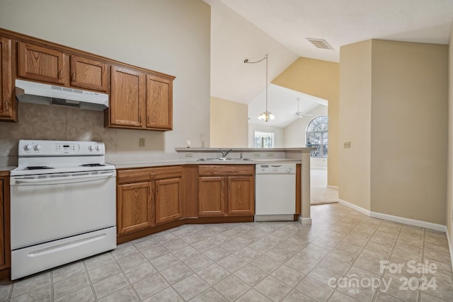 kitchen with sink, ceiling fan, decorative light fixtures, high vaulted ceiling, and white appliances