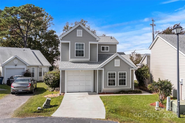 front facade with a front yard and a garage