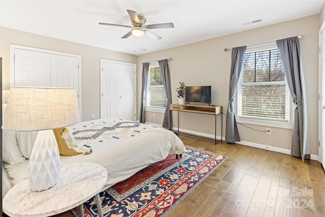 bedroom featuring multiple windows, ceiling fan, multiple closets, and hardwood / wood-style flooring