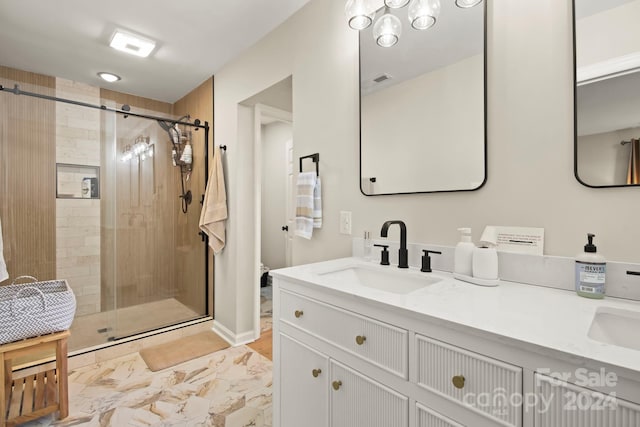 bathroom featuring vanity and a shower with door