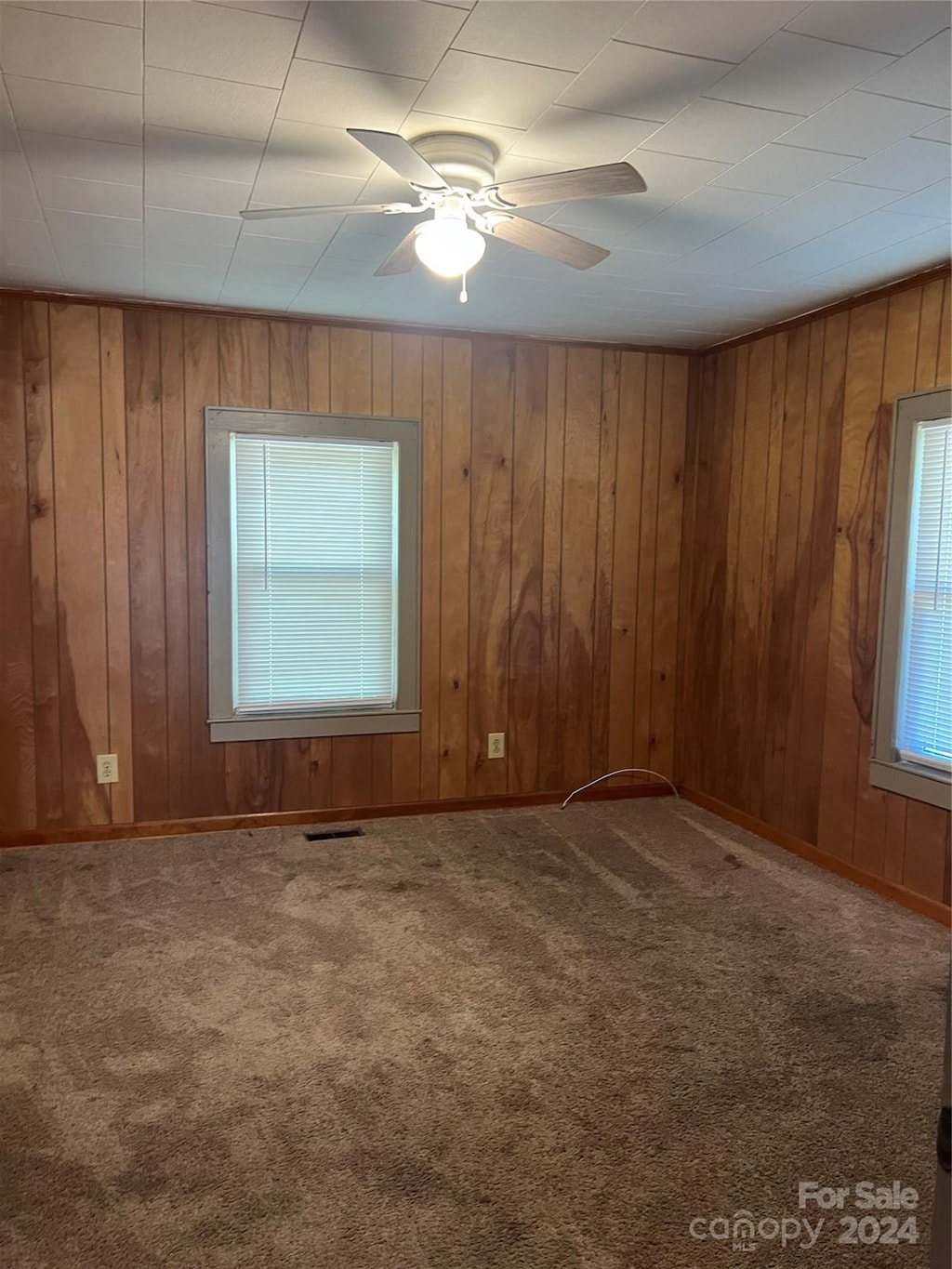 spare room featuring carpet, ceiling fan, and wood walls