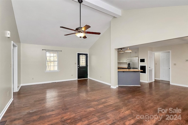 unfurnished living room with beamed ceiling, ceiling fan, high vaulted ceiling, and dark hardwood / wood-style flooring