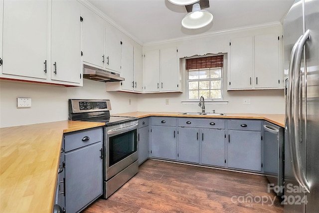 kitchen with white cabinetry, sink, appliances with stainless steel finishes, dark wood-type flooring, and wood counters