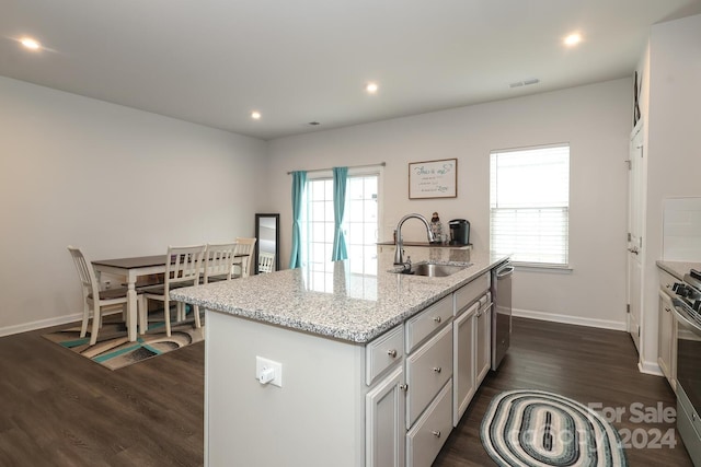 kitchen with dark hardwood / wood-style flooring, sink, a center island with sink, and dishwasher