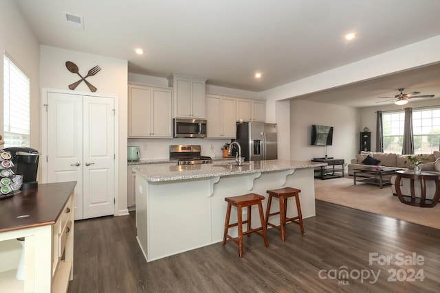 kitchen featuring appliances with stainless steel finishes, dark hardwood / wood-style floors, ceiling fan, and an island with sink