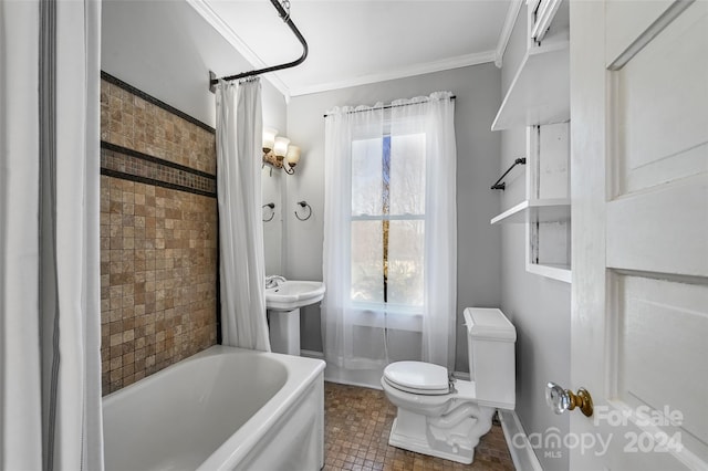 bathroom with shower / bath combo, toilet, ornamental molding, and tile patterned floors