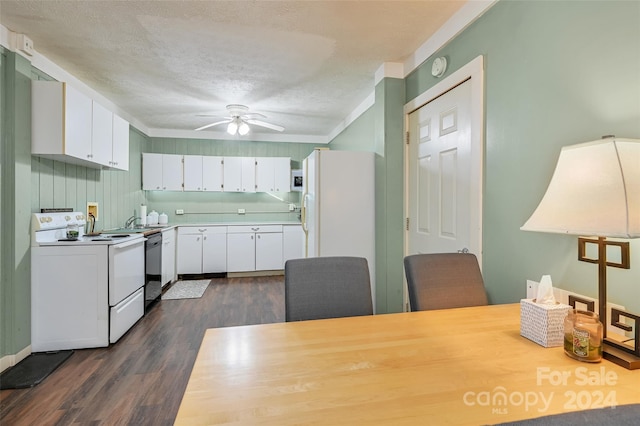 kitchen featuring white cabinetry, electric stove, a textured ceiling, dark wood-type flooring, and ceiling fan