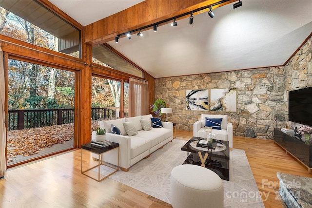 living room with light wood-type flooring, track lighting, and lofted ceiling