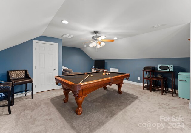 recreation room with light carpet, vaulted ceiling, ceiling fan, and pool table