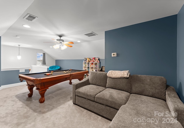 game room with ceiling fan, carpet, lofted ceiling, and pool table