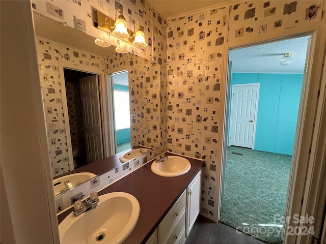 bathroom featuring vanity, toilet, and a textured ceiling