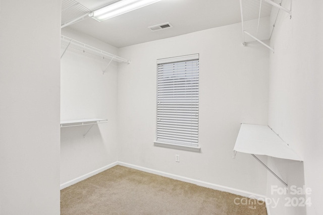 walk in closet featuring light colored carpet