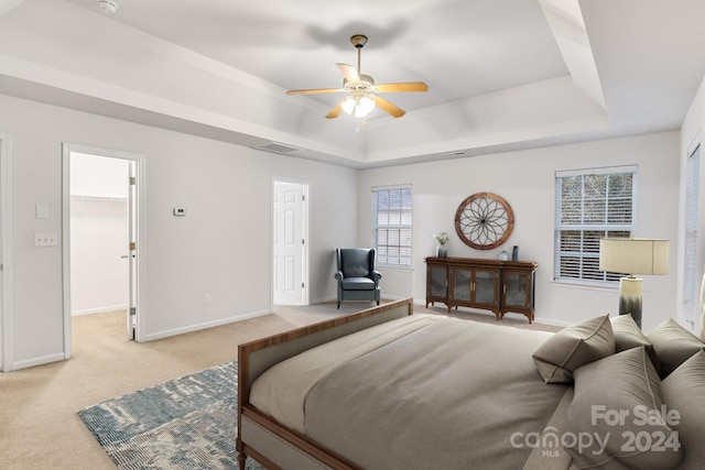 carpeted bedroom with multiple windows, a spacious closet, ceiling fan, and a raised ceiling