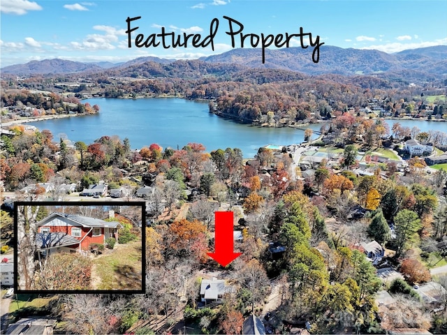 birds eye view of property with a water and mountain view