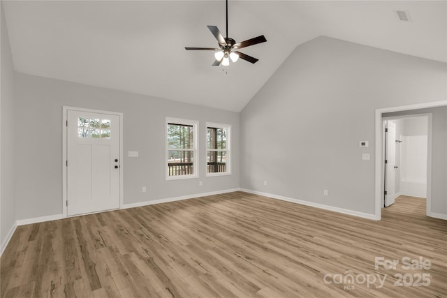 unfurnished living room featuring light hardwood / wood-style floors, high vaulted ceiling, and ceiling fan