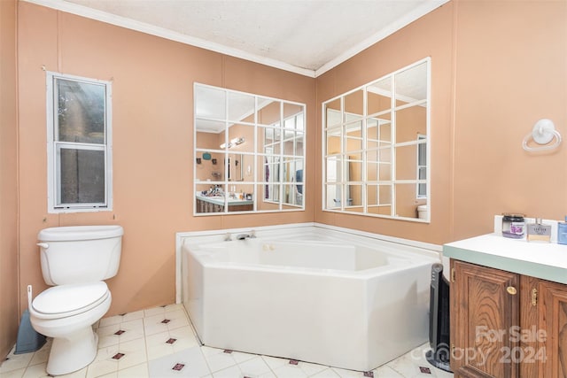 bathroom featuring a textured ceiling, toilet, a bathtub, and ornamental molding