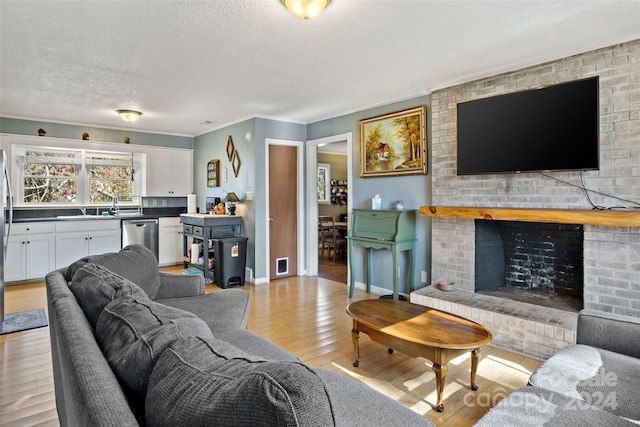 living room featuring a textured ceiling, crown molding, sink, light hardwood / wood-style flooring, and a fireplace