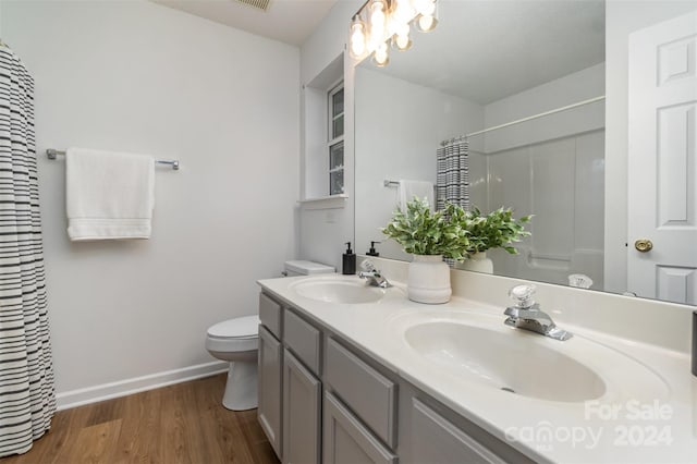 bathroom with toilet, vanity, wood-type flooring, and curtained shower