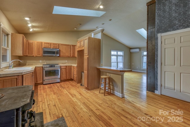 kitchen featuring vaulted ceiling with skylight, sink, stainless steel appliances, and light hardwood / wood-style floors