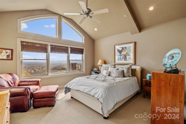 carpeted bedroom featuring ceiling fan and high vaulted ceiling