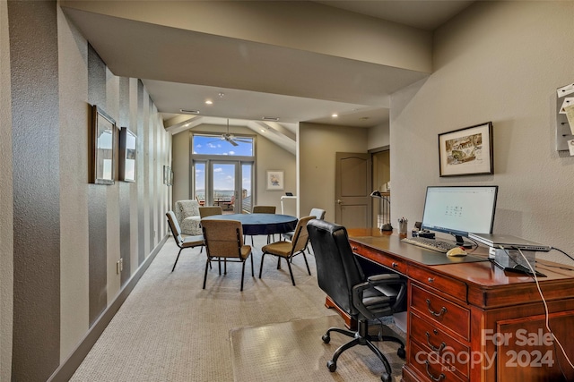 office space with ceiling fan and light carpet