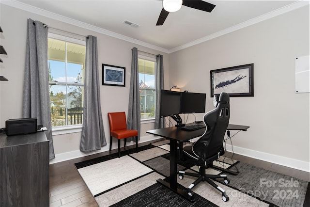 home office with a wealth of natural light, dark hardwood / wood-style floors, and ornamental molding