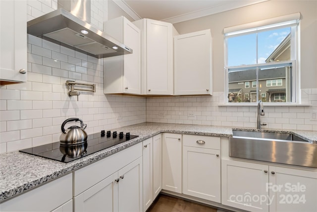 kitchen with tasteful backsplash, sink, wall chimney exhaust hood, and white cabinets