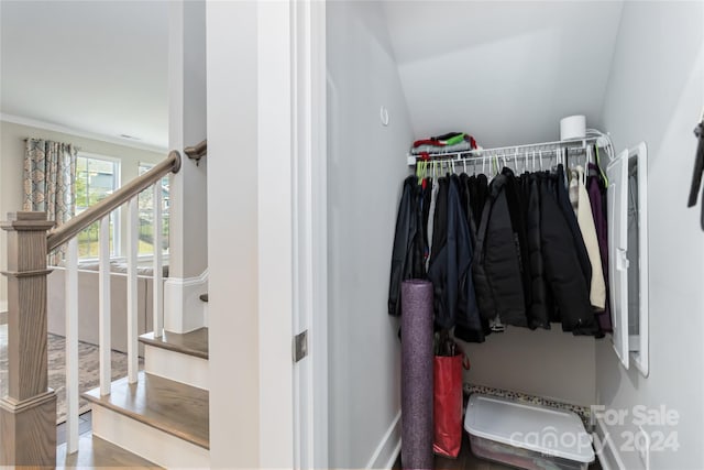 walk in closet with hardwood / wood-style floors and vaulted ceiling