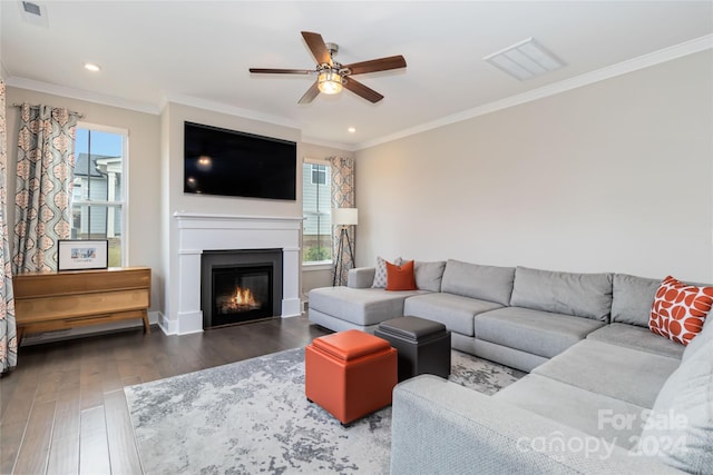 living room with ceiling fan, crown molding, and dark hardwood / wood-style flooring