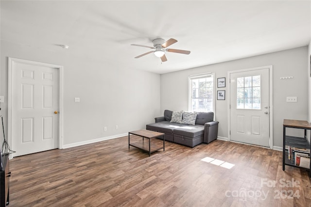 living room with ceiling fan and wood-type flooring