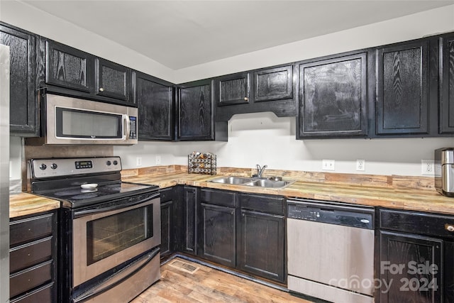 kitchen with wood counters, stainless steel appliances, light hardwood / wood-style flooring, and sink