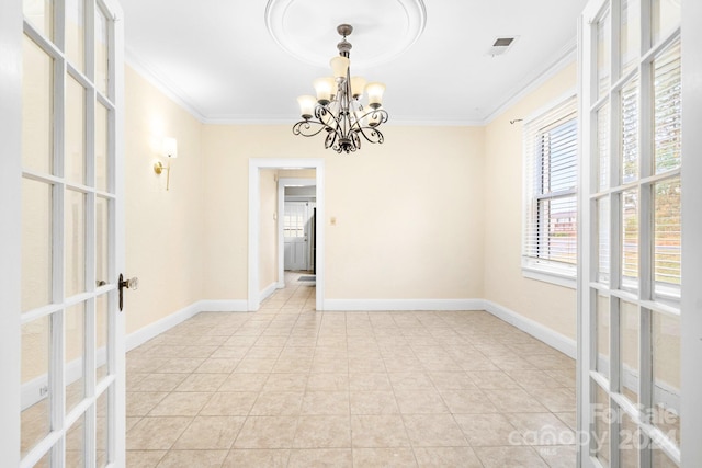 tiled empty room with french doors, an inviting chandelier, and crown molding