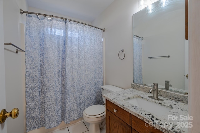 bathroom featuring tile patterned flooring, a shower with curtain, toilet, and vanity