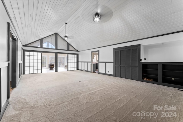 unfurnished living room with high vaulted ceiling, ceiling fan, carpet, and wooden ceiling