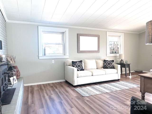 living room featuring a fireplace, hardwood / wood-style flooring, and crown molding