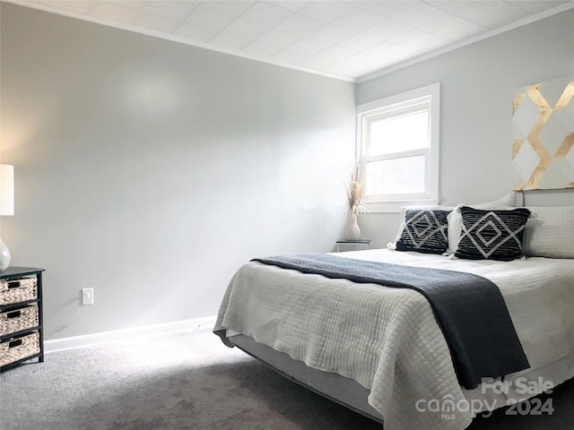 carpeted bedroom with crown molding