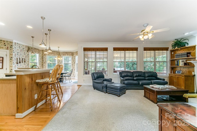 living room with ceiling fan, light hardwood / wood-style flooring, and ornamental molding