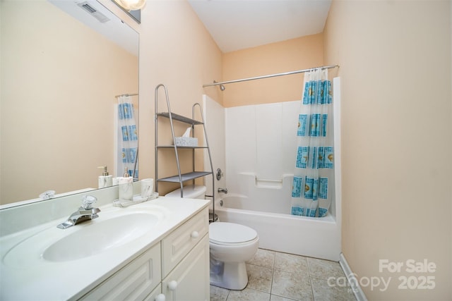 full bathroom with tile patterned floors, toilet, vanity, and shower / tub combo with curtain