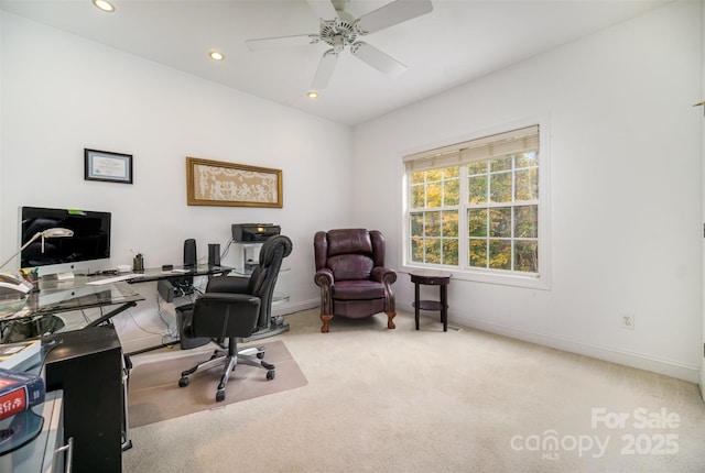 home office featuring ceiling fan and carpet flooring