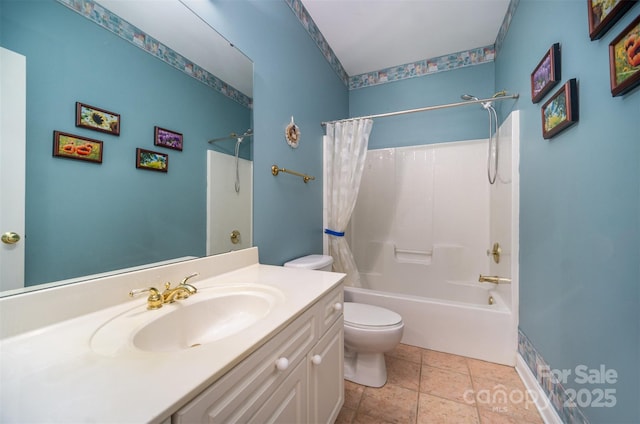 full bathroom with toilet, vanity, and shower / bathtub combination with curtain