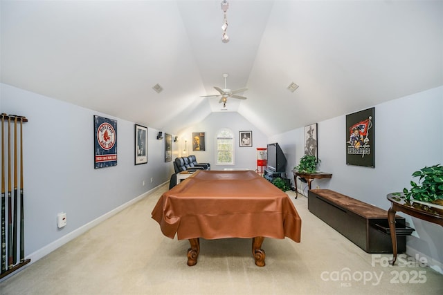 rec room featuring ceiling fan, billiards, vaulted ceiling, and carpet flooring