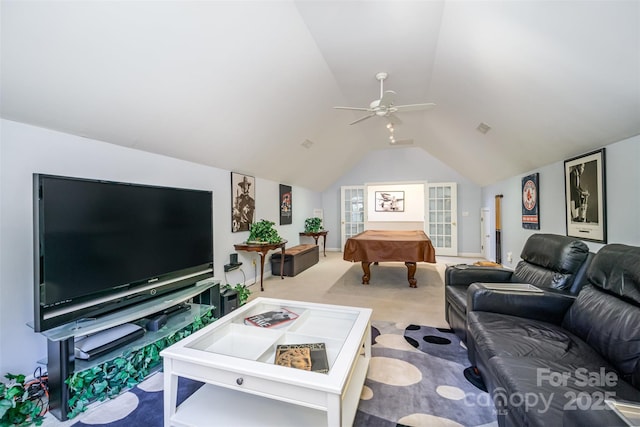 living room with vaulted ceiling, pool table, light colored carpet, and ceiling fan